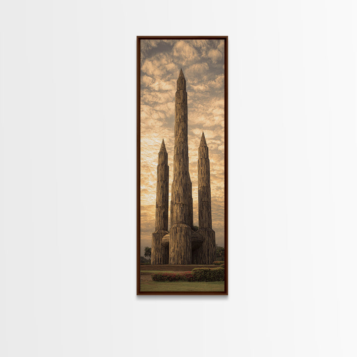 Tall Carved Wooden African Towers At Sunset Canvas Print, Tribal Architecture Wall Decor, Earth Tone Statement Art Gift For Home