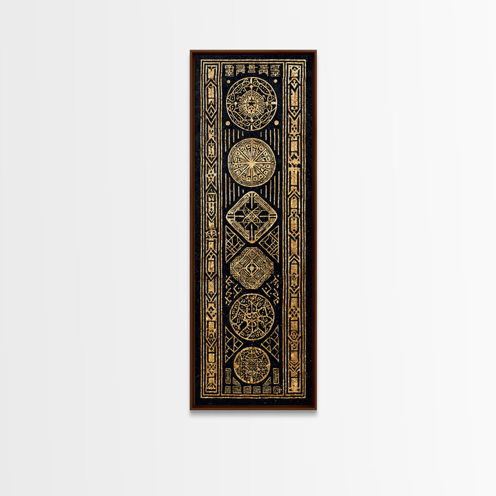 Gold Tribal Medallion Symbols On Black Framed Canvas Print, African Abstract Wall Decor, Mystic Pattern Art Gift For Home Decor