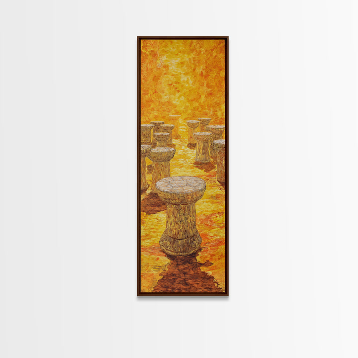 Golden African Stool Landscape Wall Art, Warm Orange Textured Painting, Unique Canvas Decor For Safari Inspired Home Decor