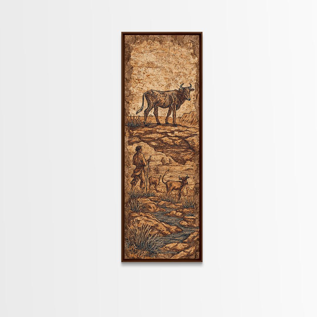 Ancient Cattle Herder Cave Painting Wall Art, African Safari Art Print, Rustic Tribal Landscape Decor For Home Office Decor
