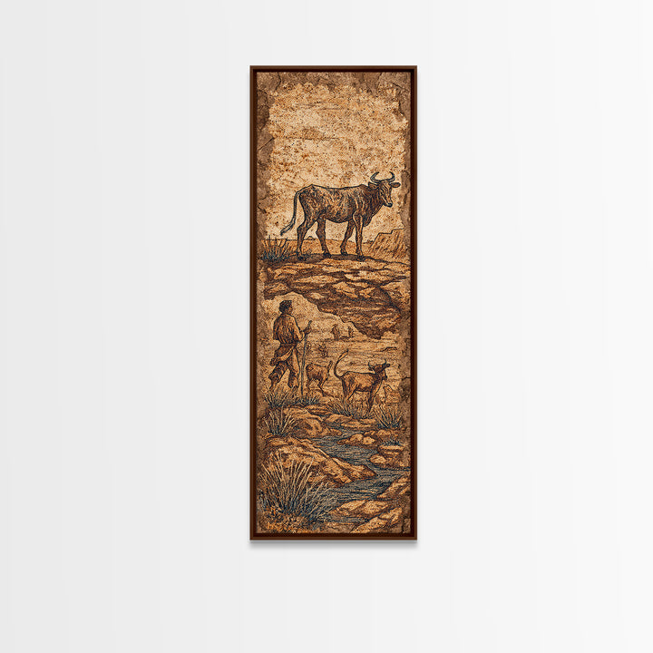 Ancient Cattle Herder Cave Painting Wall Art, African Safari Art Print, Rustic Tribal Landscape Decor For Home Office Decor