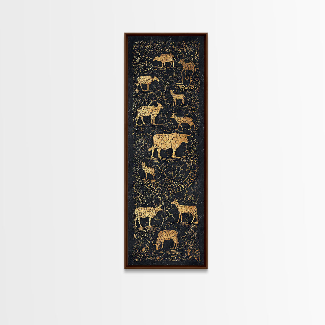 Gold Animal Silhouette African Safari Wall Art, Black Crackle Wildlife Canvas Decor, Tribal Art Print For Living Room Home Decor