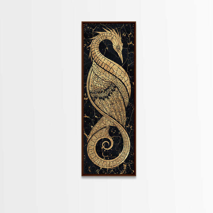 Gold Crane Heron Line Art Canvas Print, Black And Gold African Inspired Bird, Elegant Tribal Luxury Geometric Wall Decor Gift