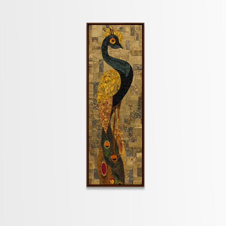 Tall Peacock Tribal Bird Framed Canvas Print, African Inspired Gold Mosaic Portrait, Elegant Cultural Wall Home Decor Gift
