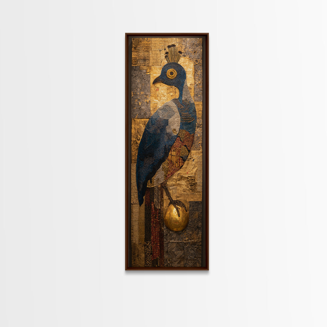 Blue Gold Peacock Portrait Canvas Print, African Inspired Bird Art, Textured Mixed Media, Luxury Elegant Home Wall Decor Gift