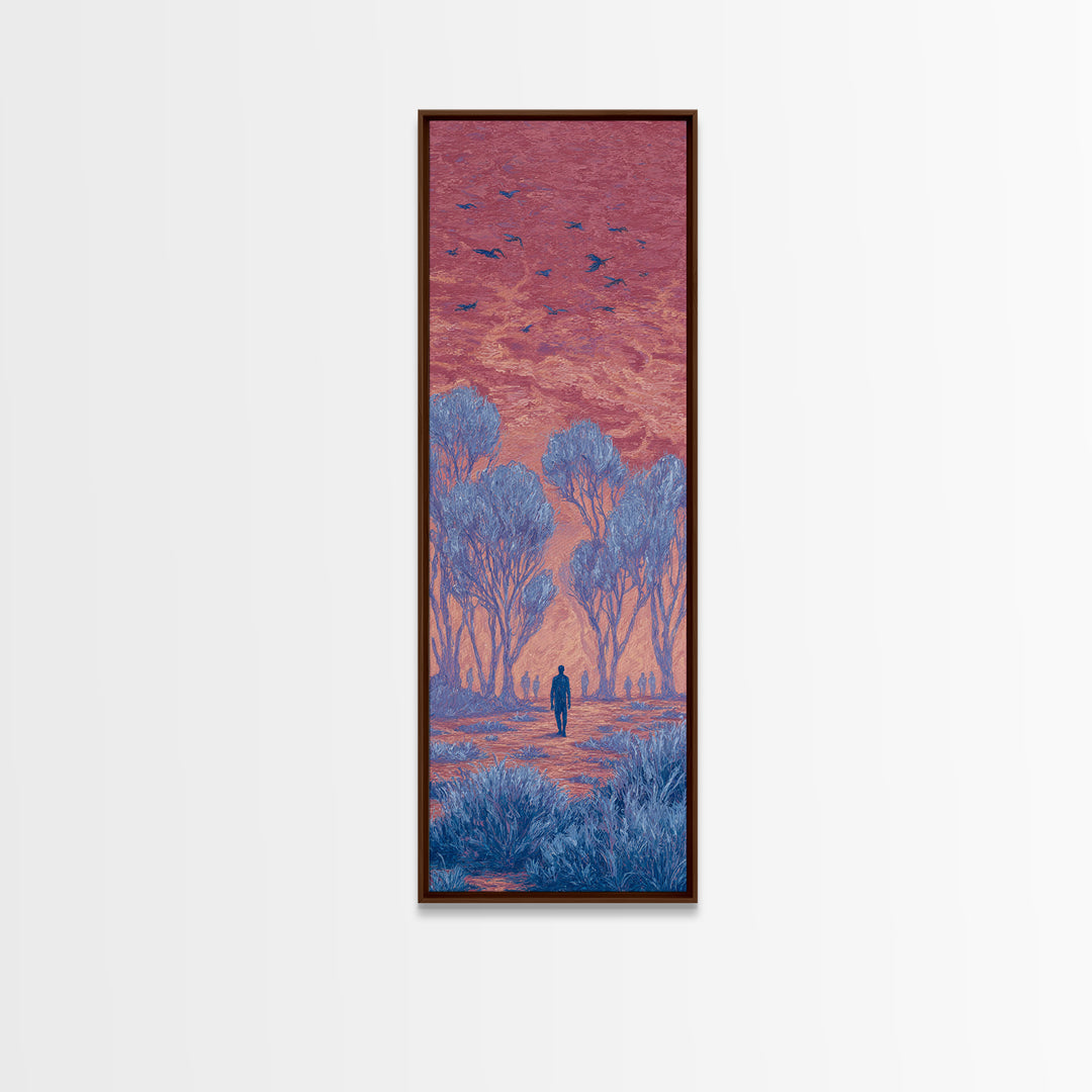 Pink Sunset Landscape Canvas Print, African Landscape, Dreamy Wall Art, Nature Scene Art, Blue Trees, Birds, Large Decor Art