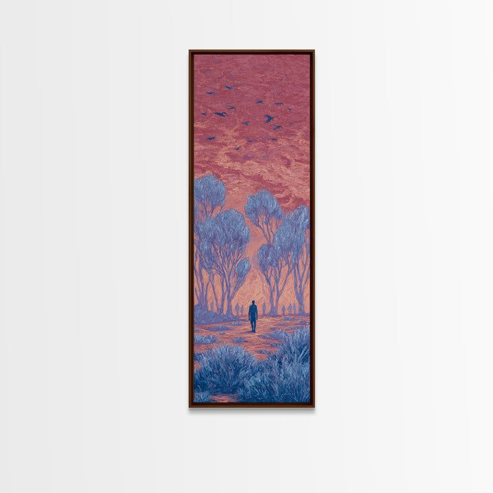 Pink Sunset Landscape Canvas Print, African Landscape, Dreamy Wall Art, Nature Scene Art, Blue Trees, Birds, Large Decor Art