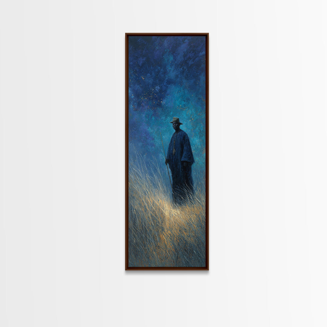 Blue Night Wanderer Wall Art, African Portrait, Mystical Wall Art, Spiritual Canvas Print, Dreamy Grassland Home Decor Gift