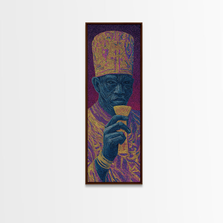 Ornate Blue Elder Drinking Tea Wall Art, African Portrait, Contemporary Canvas, Pointillist Black Art, Bold Home Decor Gift