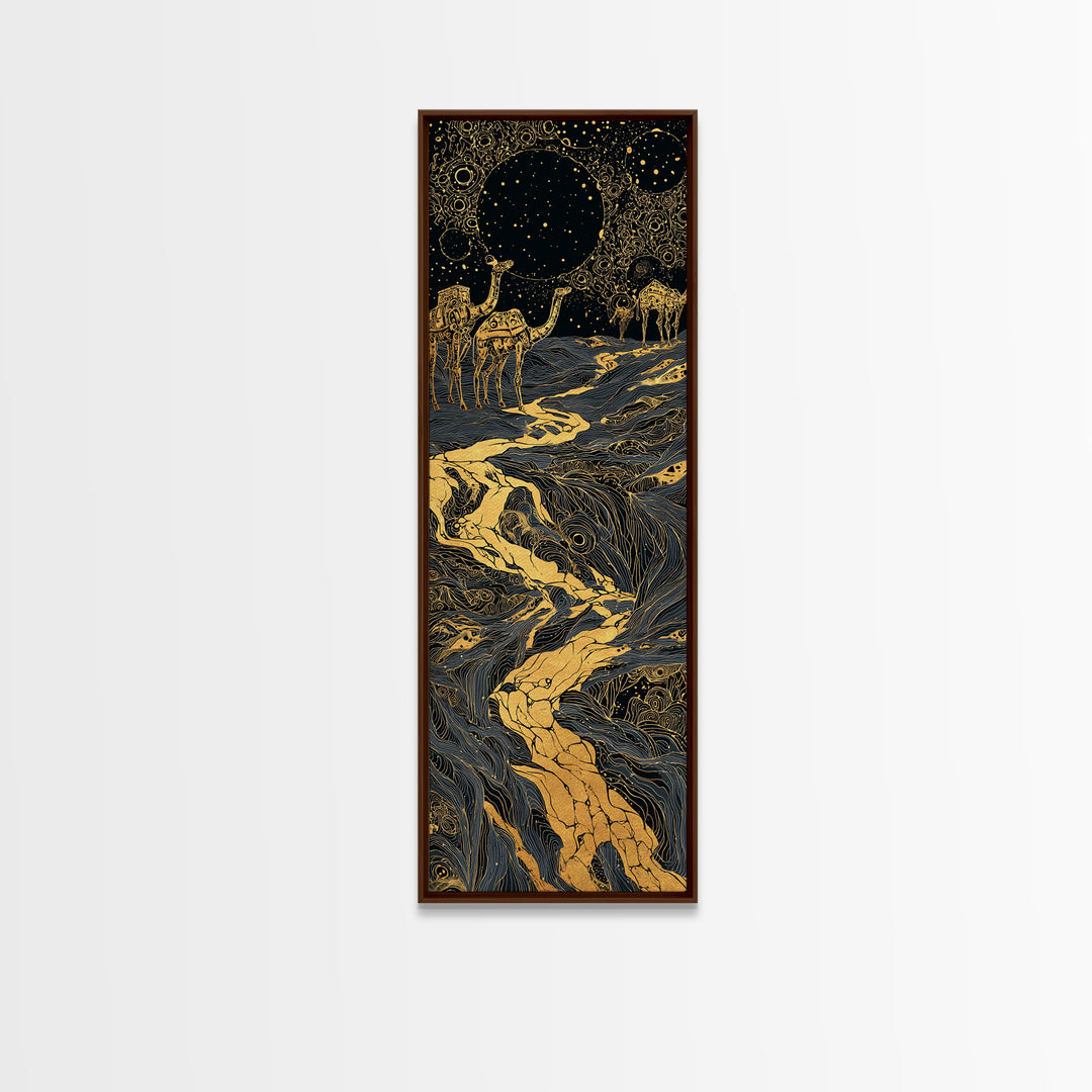 Golden Moon Elephants In Cosmic River Wall Art, African Safari Art, Black And Gold Decor, Mystical Landscape, Statement Print