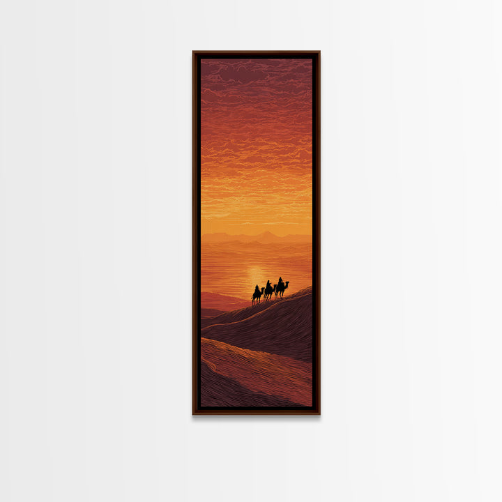 Sunset Camel Caravan Over Desert Dunes Canvas Print, African Landscape, Sahara Travel Wall Decor, Warm Orange Safari Art