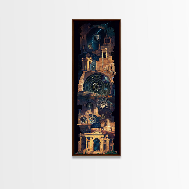 Ancient Temple Night Wall Art, Mystical Ruins Under Moon, African Inspired Architecture, Spiritual Blue Gold Home Decor Gift