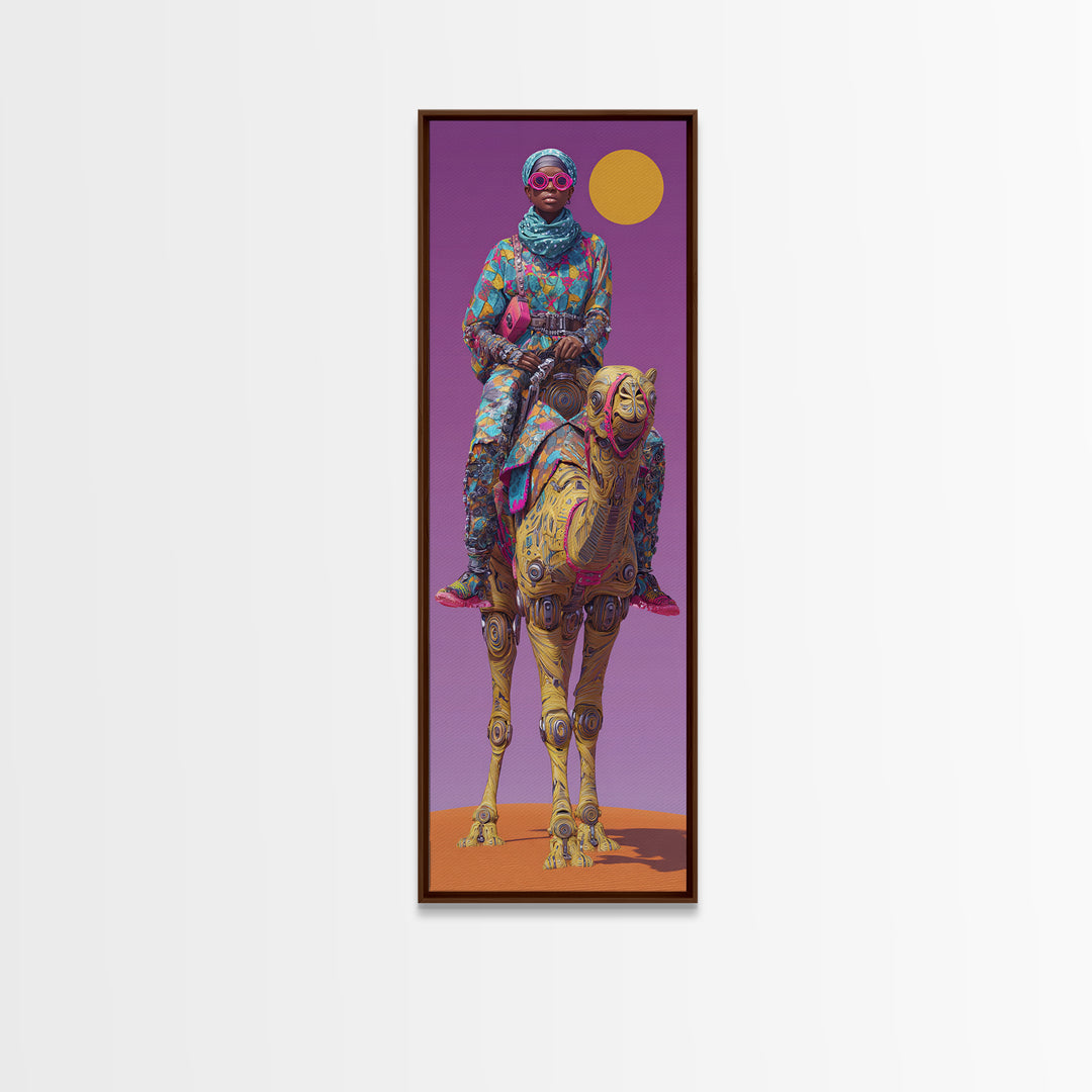 Afrofuturist Woman On Robotic Camel Wall Art, African Queen Portrait, Modern African Art, Purple Orange Desert Decor Print
