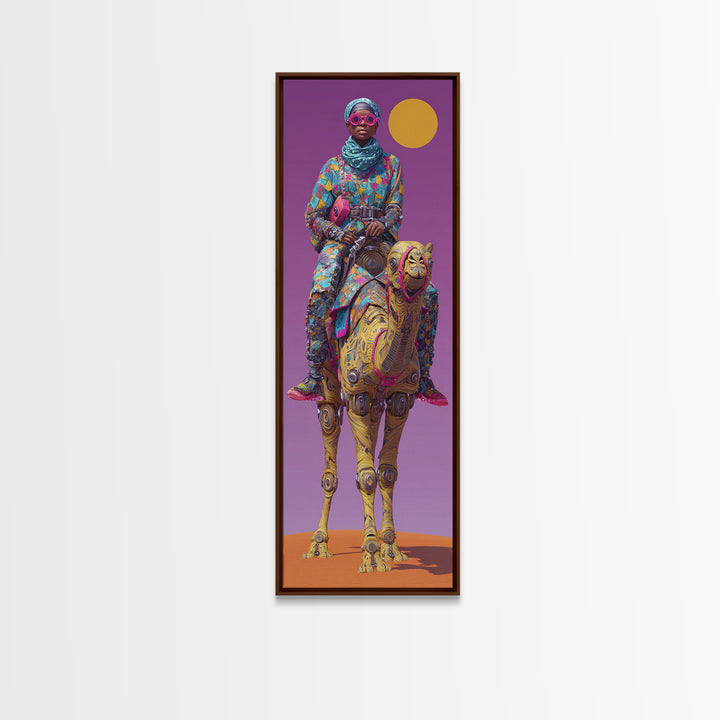 Afrofuturist Woman On Robotic Camel Wall Art, African Queen Portrait, Modern African Art, Purple Orange Desert Decor Print