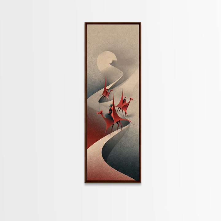 Red Crowned Birds On Winding Moonlit River Canvas Print, Abstract African Art, Elegant Boho Wall Decor, Modern Home Gift