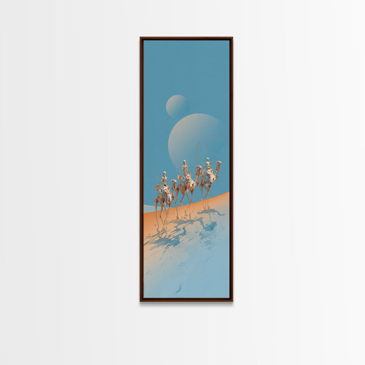 White Camel Riders Beneath Pale Blue Moons Framed Canvas Print, African Safari Art, Dreamy Desert Decor, Unique Wall Artwork