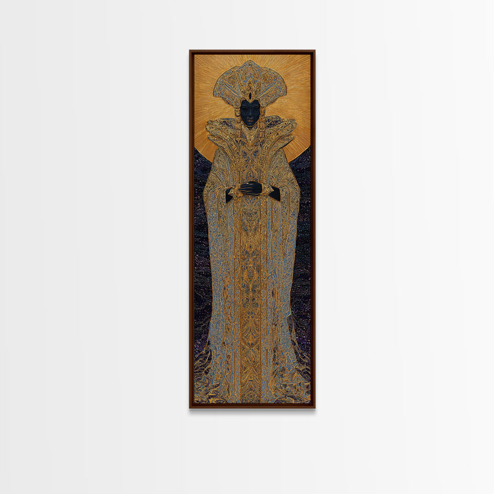 Regal Black Queen In Ornate Gold Robe Framed Canvas Print, African Woman Art, Afrocentric Decor, Luxury Portrait Wall Art