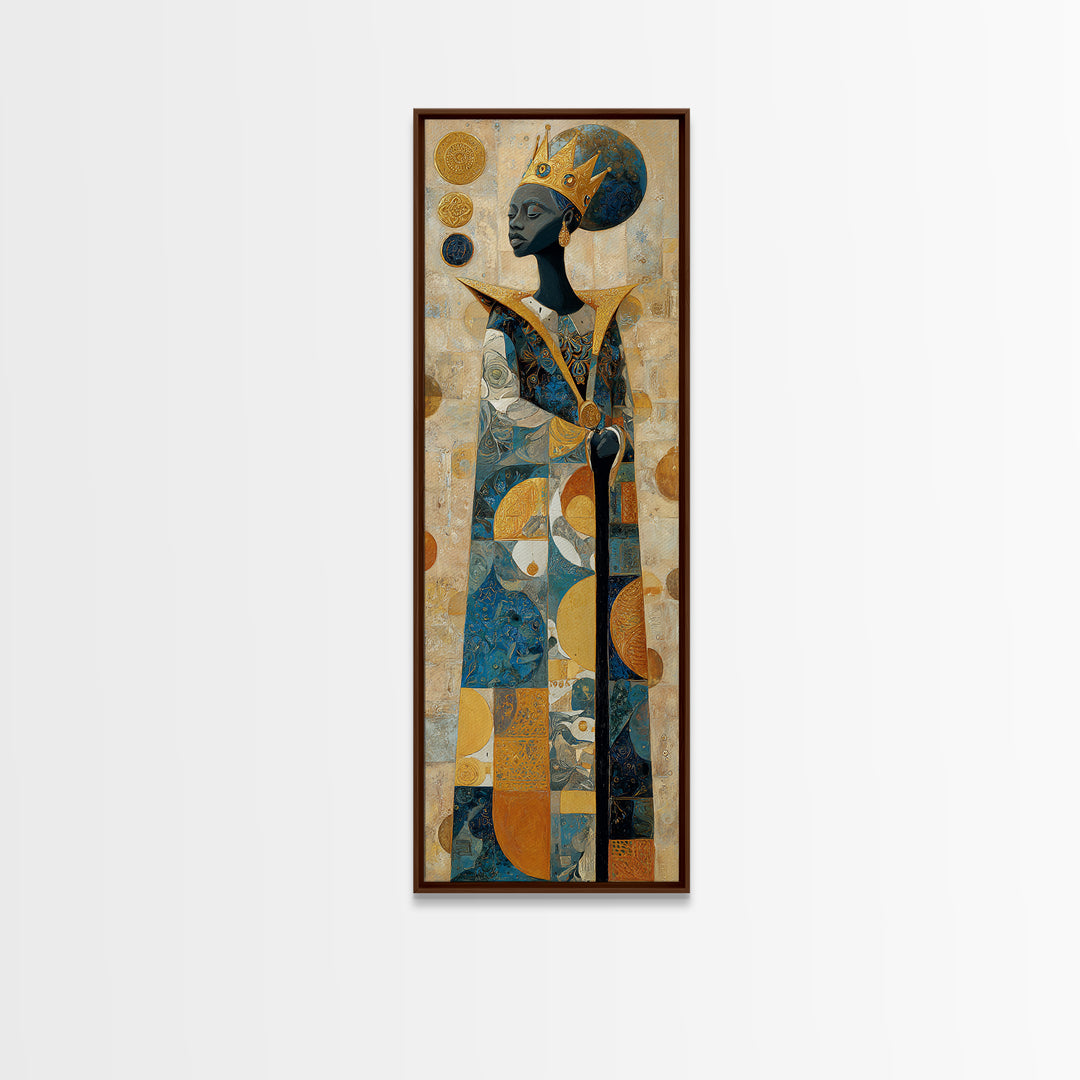 Crowned African Queen With Gold And Teal Geometry Canvas Print, Black Woman Art, Afrocentric Wall Decor, Elegant Home Gift