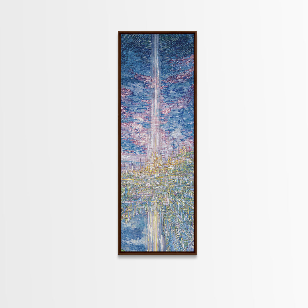 Radiant Sky Beam Utopia Framed Canvas Print, Futuristic City Wall Art, Blue Cloudscape, Dreamy Modern Home Decor, Large Decor Art