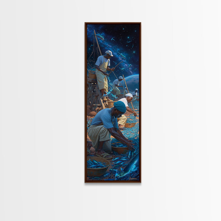 Starlit Fishermen Sorting Blue Catch Framed Canvas Print, Cosmic Seascape Wall Art, Coastal Work Scene, Unique Decor, Gift For Him