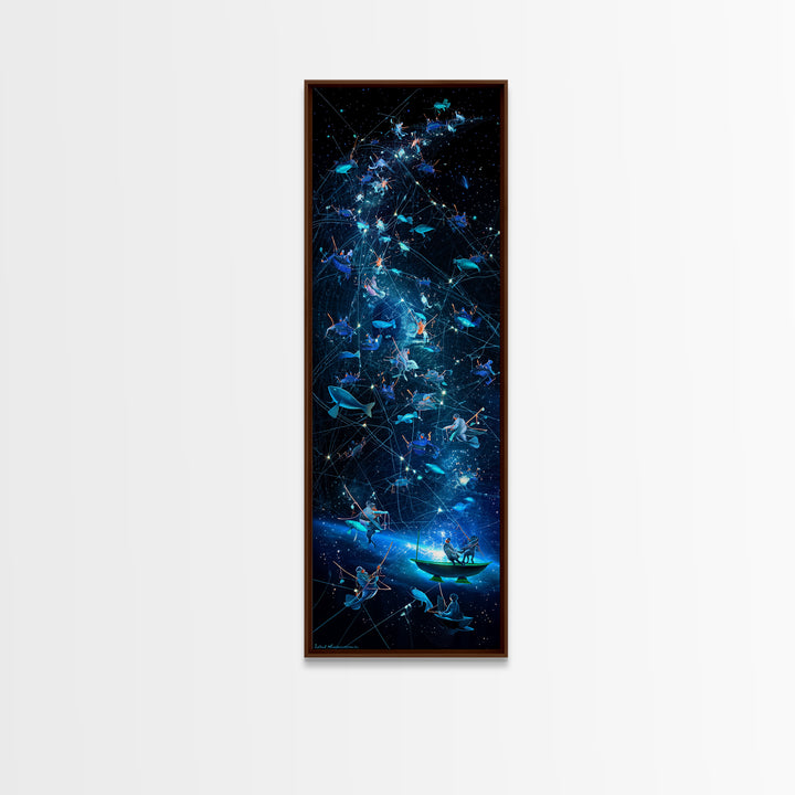 Glowing Fish Constellation Wall Art, Cosmic Ocean Canvas Print, Blue Galaxy Sea Life, Dreamy Nautical Modern Decor, Large Decor Art