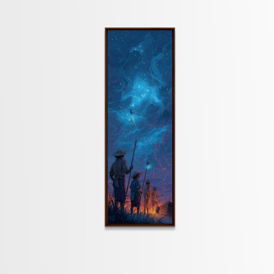 Starry Blue Storm Watchers Wall Art, Fantasy Cloudscape Canvas Print, Silhouette Adventure Decor, Mystical Night Sky, Dreamy Wall Art