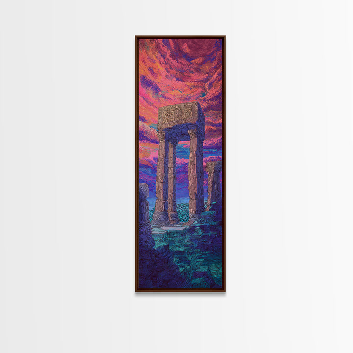 Ancient Stone Portal At Neon Sea Wall Art, Surreal Ruins Landscape, African Inspired Decor, Fantasy Sunset Canvas Print Gift