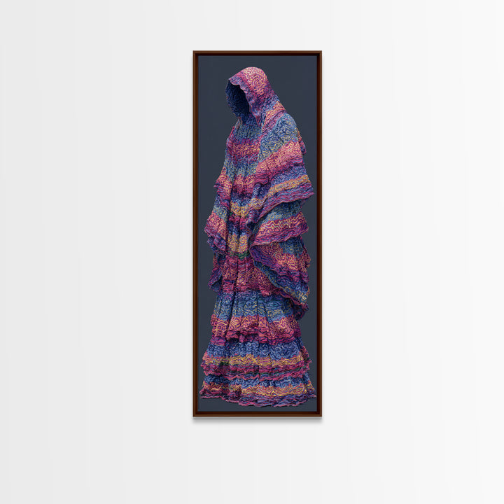 Hooded Indigo Textile Woman Canvas Print, African Woman Art, Pink Blue Patterned Robe, Feminine Boho Wall Decor Gift For Her