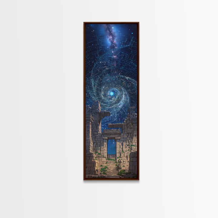 Cosmic Spiral Portal Over Ancient Ruins Canvas Print, Starry Galaxy Wall Decor, Mystical Wall Art, Blue Fantasy Gift For Her