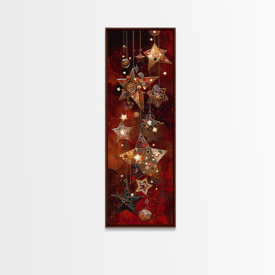 Hanging Mosaic Star Ornaments Framed Canvas Print, Red Celestial Wall Art, Holiday Decor, Bohemian Home Decor Gift For Her