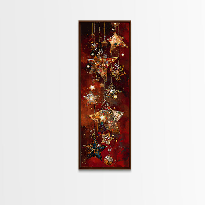 Hanging Mosaic Star Ornaments Framed Canvas Print, Red Celestial Wall Art, Holiday Decor, Bohemian Home Decor Gift For Her
