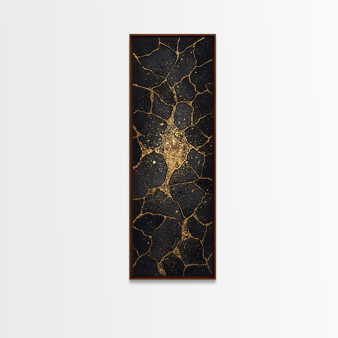 Black Gold Kintsugi Crackle Wall Art, Abstract Stone Canvas Print, Luxury Modern Home Decor, Earth Tone Art Gift For Living Room