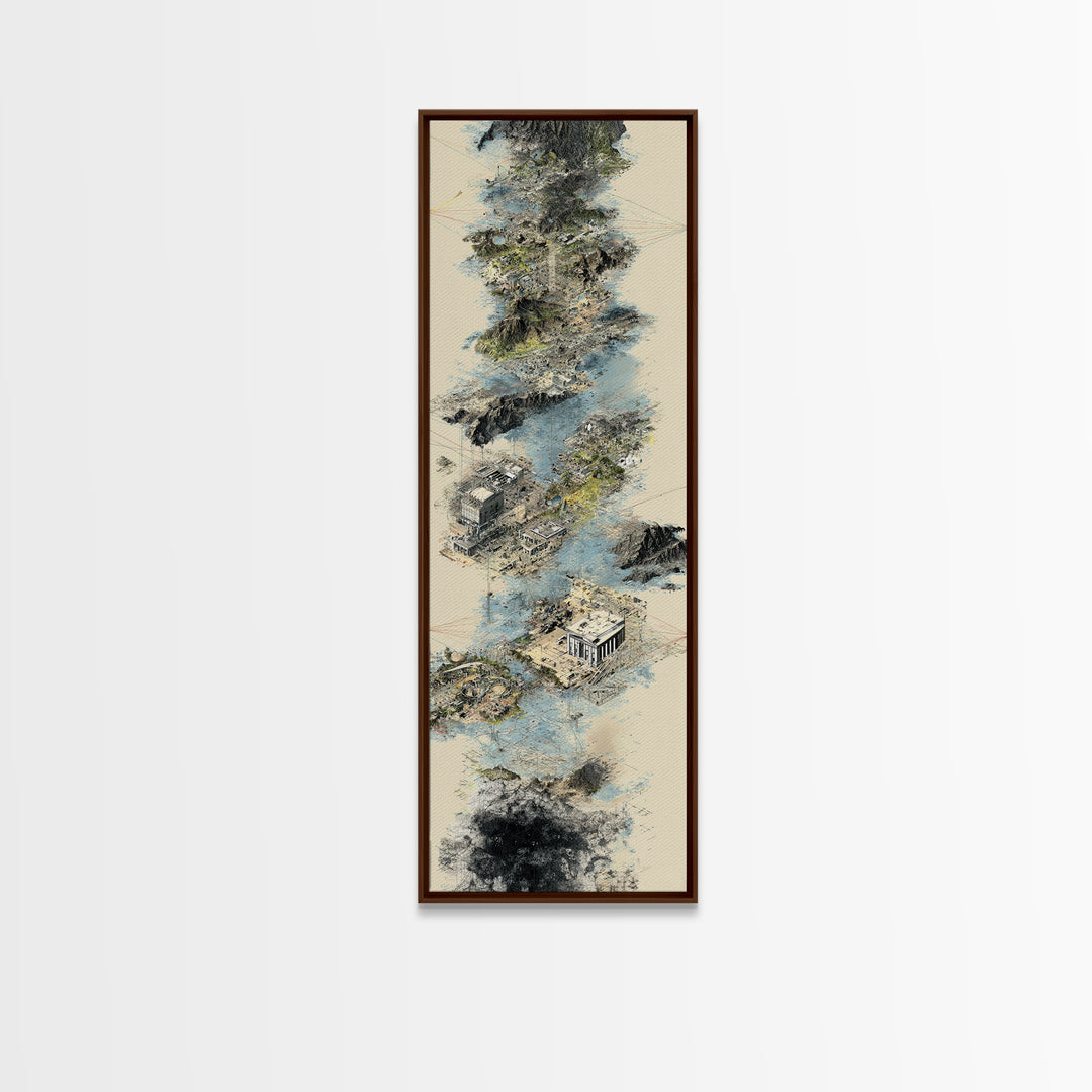 Floating Temple Ruins In Misty Clouds Framed Canvas Print, Ancient African Art Decor, Beige Abstract Landscape Wall Art Gift