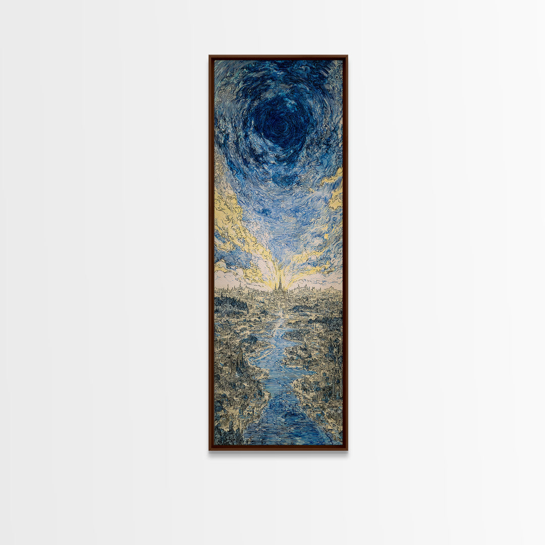 Blue Vortex Sky Above River Valley Wall Art, Abstract Landscape Canvas Print, Modern Nature Scene Art, Dreamy Home Decor