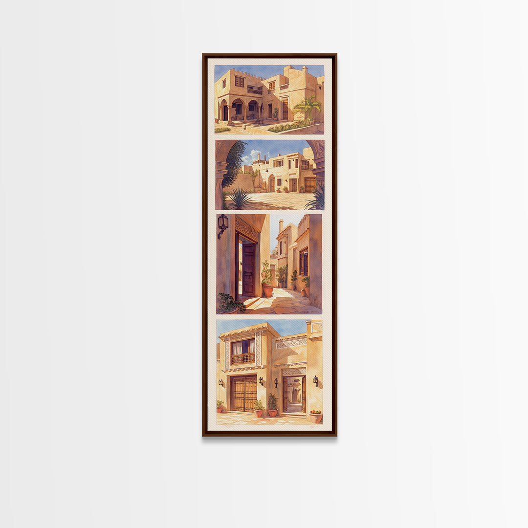 Desert Courtyard Architecture Wall Art, Morocco Travel Poster, African Inspired Decor, Sunlit Villa Canvas Print, Gift For Her