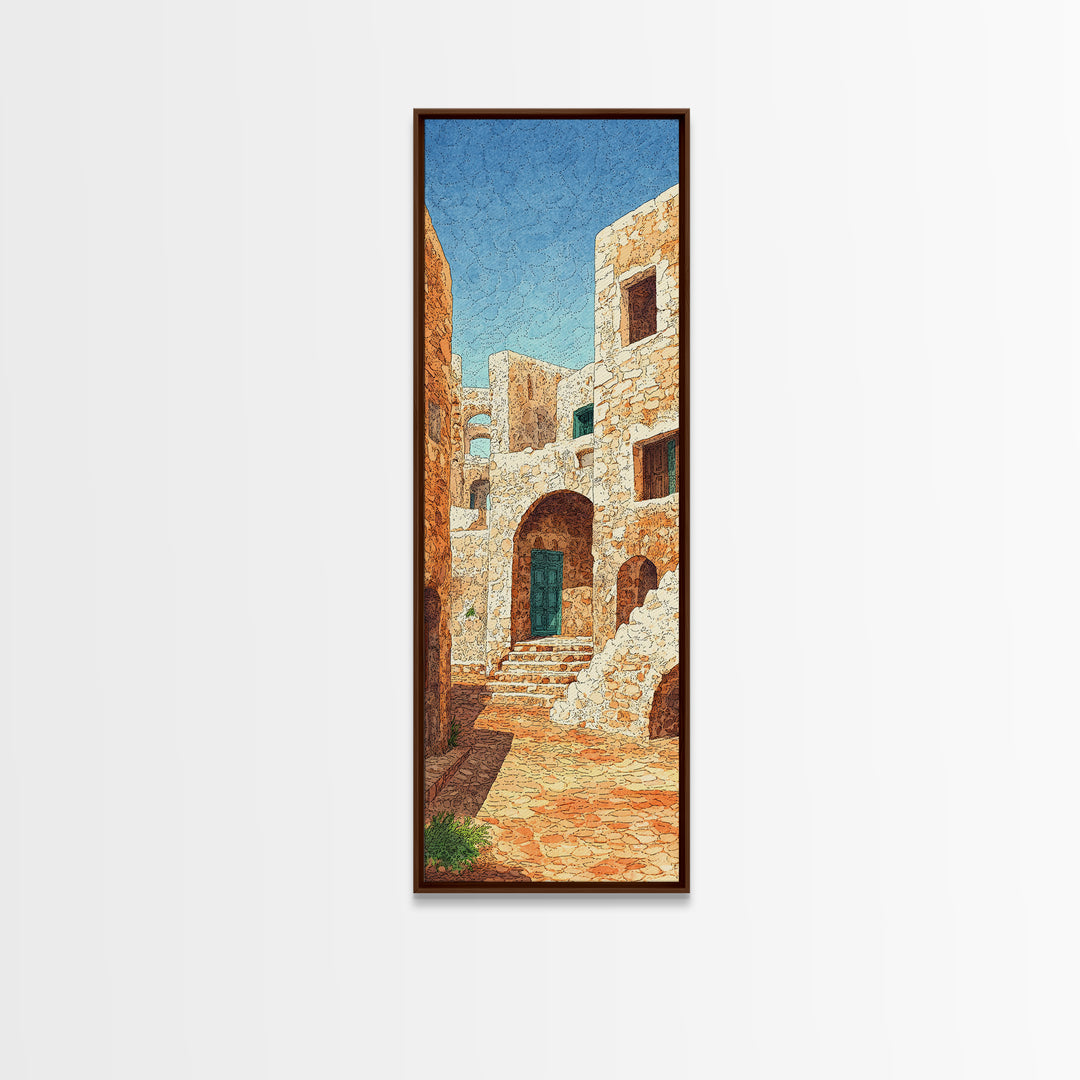 Sunlit Stone Medina Alley Canvas Print, Moroccan Blue Door Wall Art, African Travel Decor, Rustic Beige Home Decor Gift Print