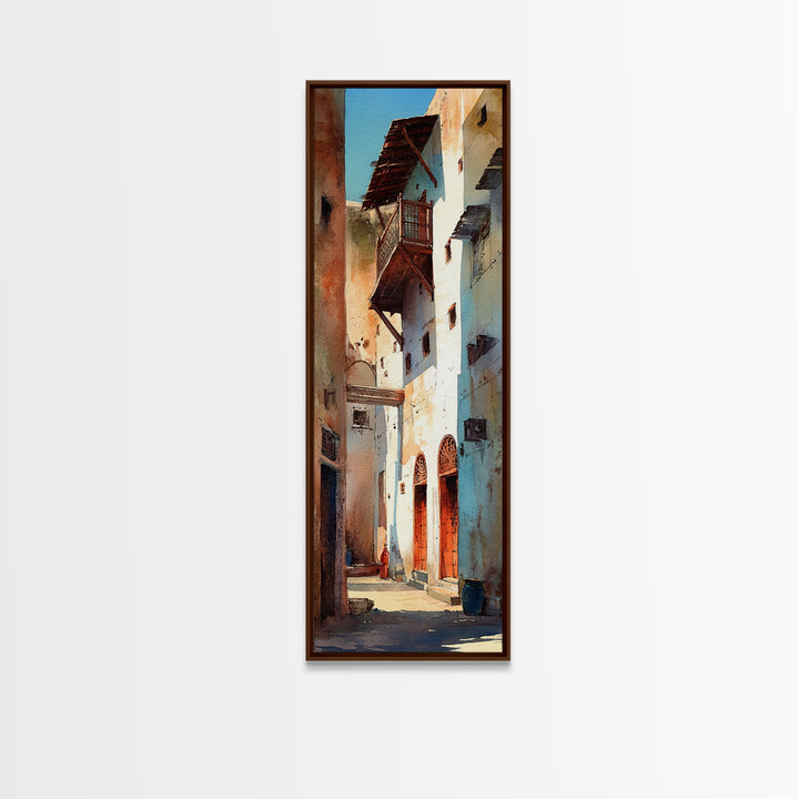 Narrow Old Town Alley Framed Canvas Print, Moroccan Street Wall Art, African Inspired Rustic Decor, Mediterranean Home Gift
