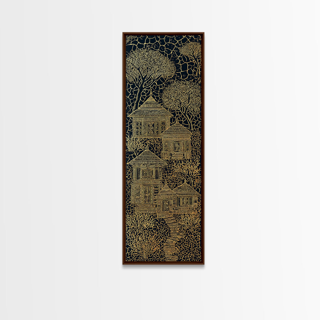 Golden Line Art Village House Canvas Print, African Inspired Black And Gold Wall Art, Boho Tribal Decor, Unique Home Decor
