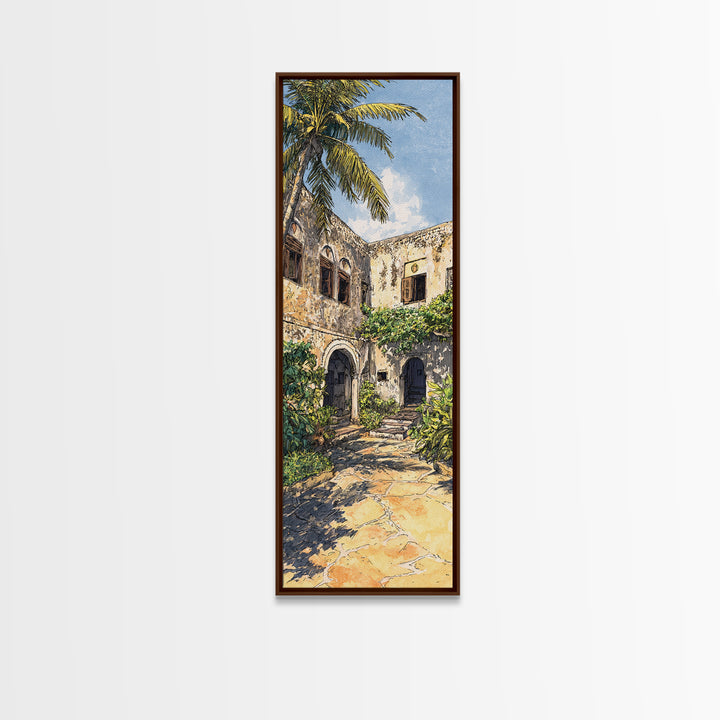 Tropical Ruin Courtyard Wall Art, Zanzibar Palm Architecture Canvas Print, African Travel Decor, Botanical Home Decor Gift