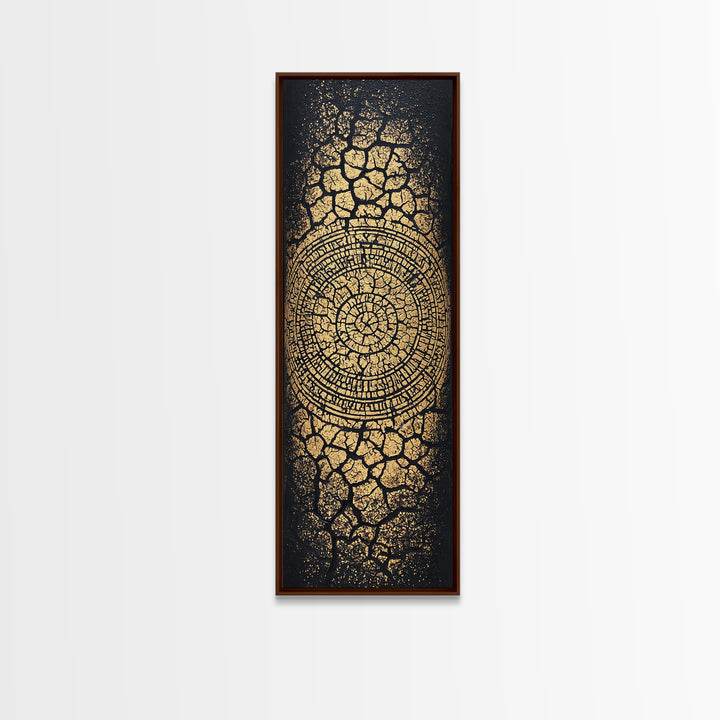 Gold Spiral On Black Cracked Texture Wall Art, African Inspired Abstract Canvas Print, Luxe Tribal Modern Home Decor Gift