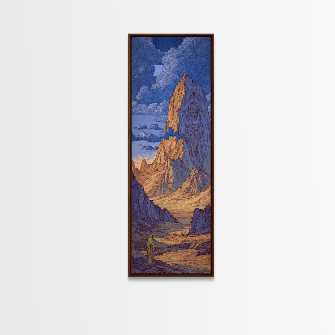 Blue Desert Mountain Monolith And Lone Figure Wall Art, Mystical Landscape Canvas Print, Dreamy Southwest Fantasy Decor Gift