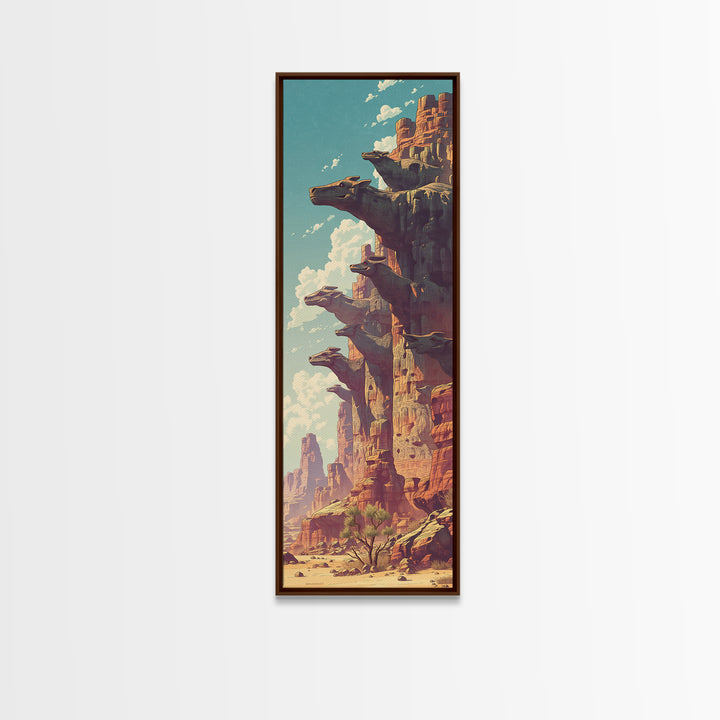 Sunlit Canyon Cliffs With Floating Rock Platforms Wall Art, Fantasy Desert Landscape Canvas Print, Unique Statement Decor
