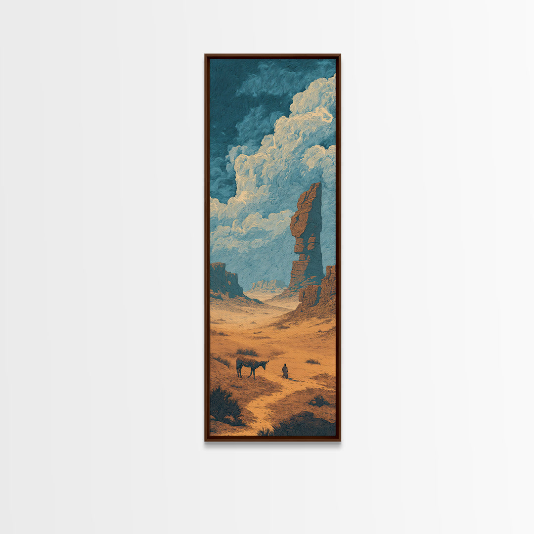 Sahara Canyon Traveler With Donkey Canvas Print, African Landscape Wall Decor, Desert Journey, Boho Safari Home Decor Gift