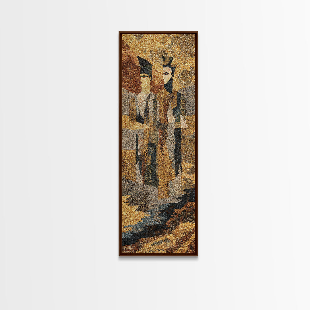 Textured African Tribal Figures Framed Canvas Print, Modern African Art Decor, Mask Portrait, Earth Tone Cultural Wall Art
