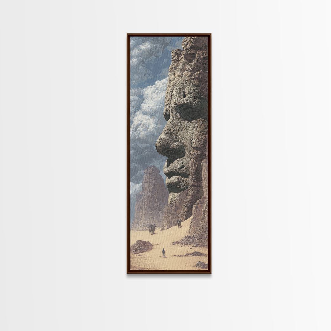 Giant Stone Face In Desert Canvas Print, Ancient African Landscape, Mystical Monument Wall Art, Sahara Explorer Decor Gift