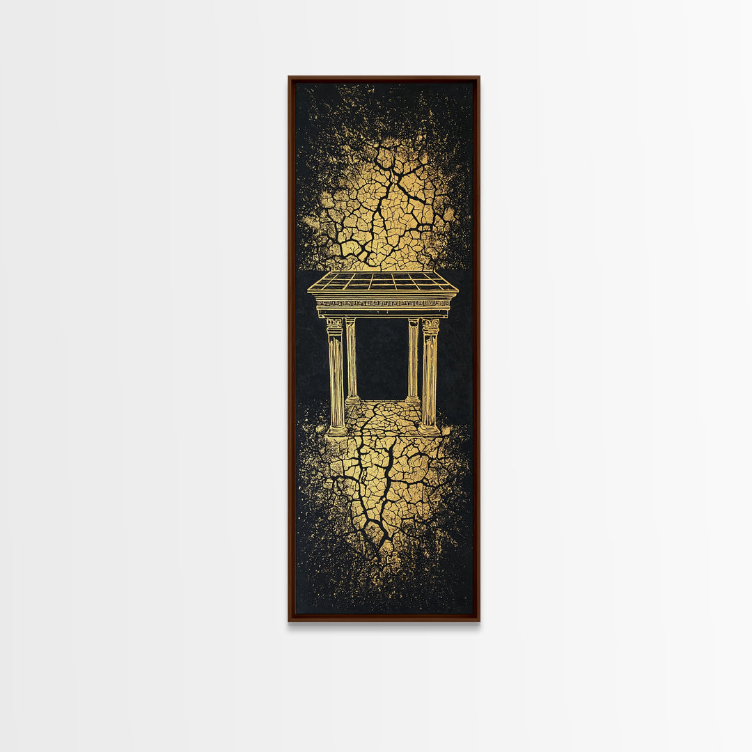 Golden Temple Portal Wall Art, Cracked Black Abstract African Inspired Decor, Ancient Ruins Canvas Print For Elegant Home