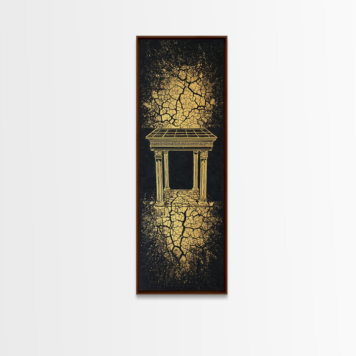 Golden Temple Portal Wall Art, Cracked Black Abstract African Inspired Decor, Ancient Ruins Canvas Print For Elegant Home
