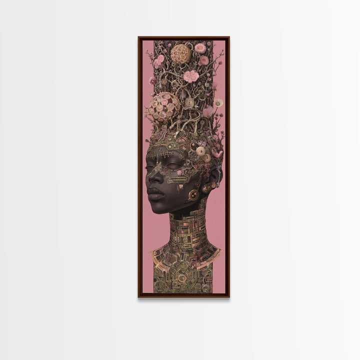 Regal Black Woman With Floral Tech Headdress Framed Canvas Print, African Queen Wall Art, Afrocentric Decor Gift For Her