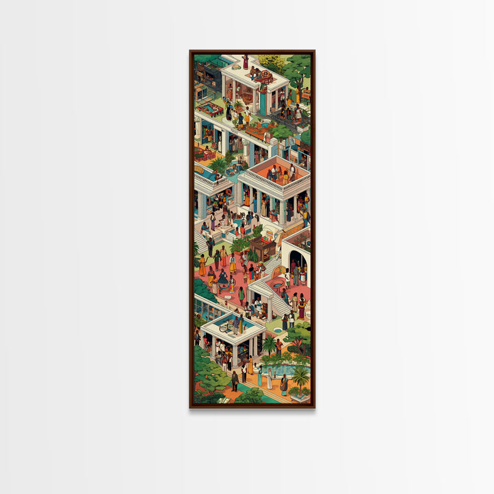 Lush African Courtyard Villa Canvas Print, Isometric Garden Party Wall Decor, Elegant Home Art, Modern Cultural Gift For Her