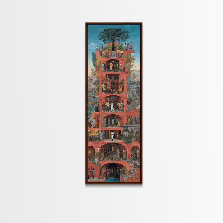 Red Vertical Community Tower Canvas Print, African City Life Wall Art, Tree Rooftop Garden, Cultural Home Decor Gift For Her